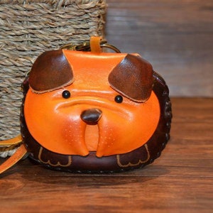 handmade leather dog with bone wristlet coin purse wallet pug