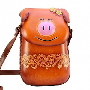 Handmade genuine piggy pig purse crossbody bag phone bag