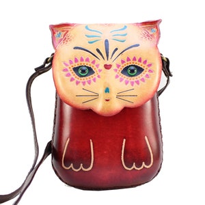 Handmade Genuine Leather Sugar Skull Cat Purse / Crossbody