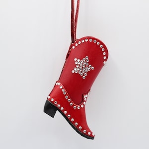 Genuine Handmade Leather Cowboy Boot Ornament with Rhinestones