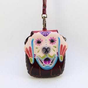 Genuine Handmade Leather Sugar Skull Dog Wristlet / Coin Purse / Wallet