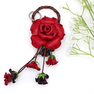 Genuine Leather Handmade Rose Flower Keychain, Handbag Charm, Red Purse Charm, Original Hand-Painted Craft Automobile Accessory