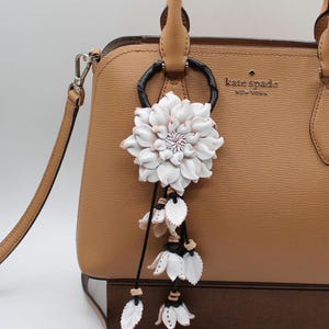 Genuine Handmade Leather Flower Keychain daisy white purse charm bag charm
