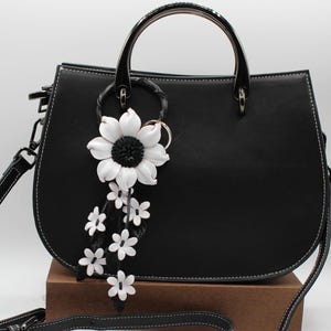Genuine Handmade Leather Sunflower Keychain white flower purse charm bag charm