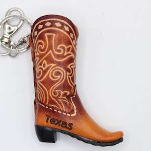 Handmade leather cowboy boot key chain personalized name drop