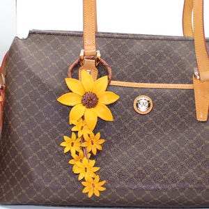 Genuine Handmade Leather Flower Keychain daisy yellow purse charm bag charm