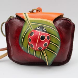 Genuine Handmade Leather Ladybug with Leaf Coin Purse / Wallet / Wristlet
