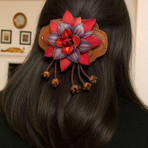 Genuine Handmade Leather Flower Hair Stick / Hair Clip - Hair Accessory, barrettes red