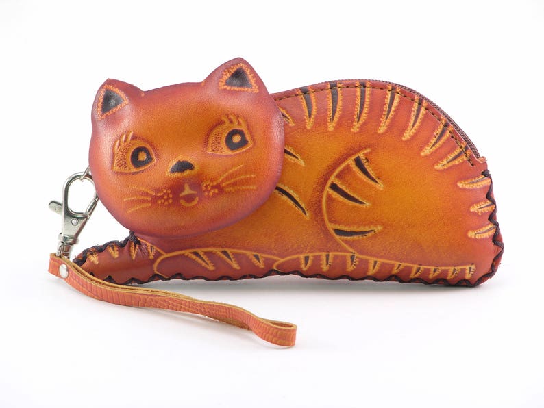 Genuine Handmade Leather Cat Coin Purse / Wallet