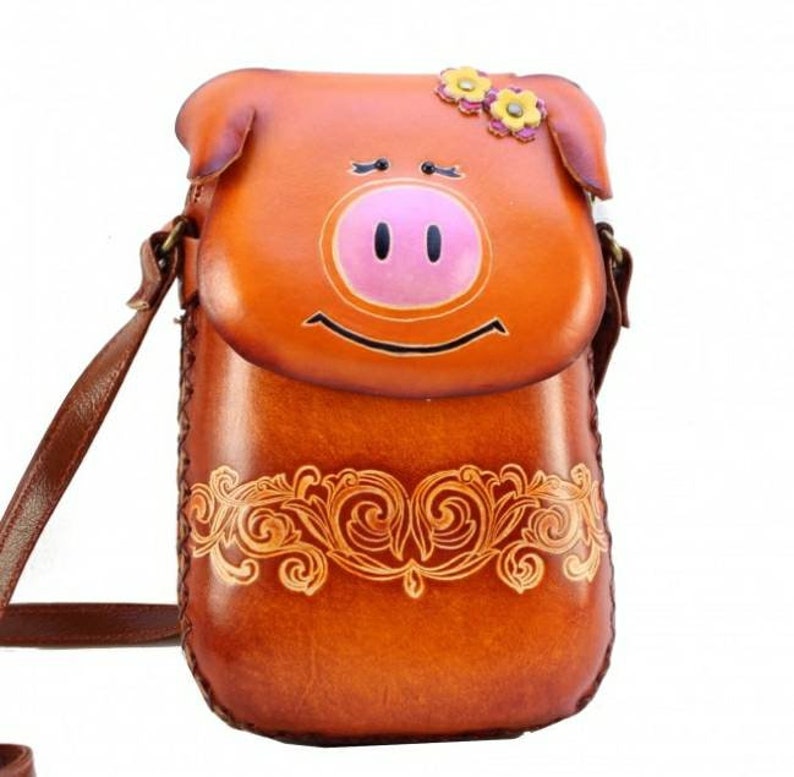Handmade genuine piggy pig purse crossbody bag phone bag