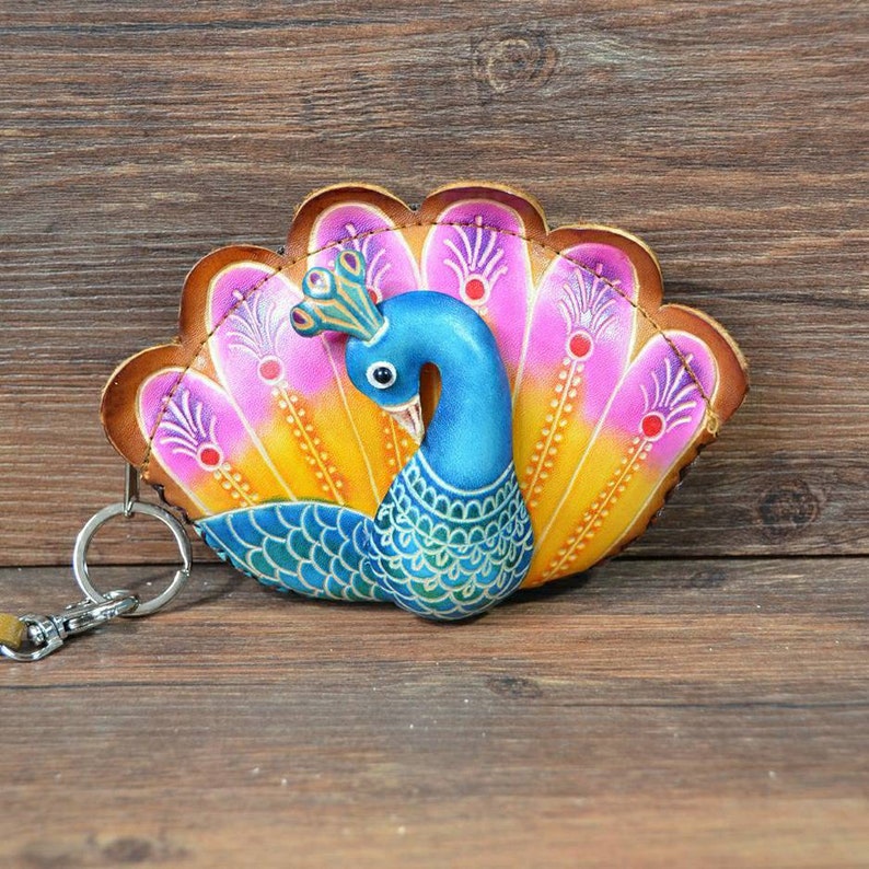 Genuine Handmade Leather Peacock Wristlet / Coin Purse / Wallet