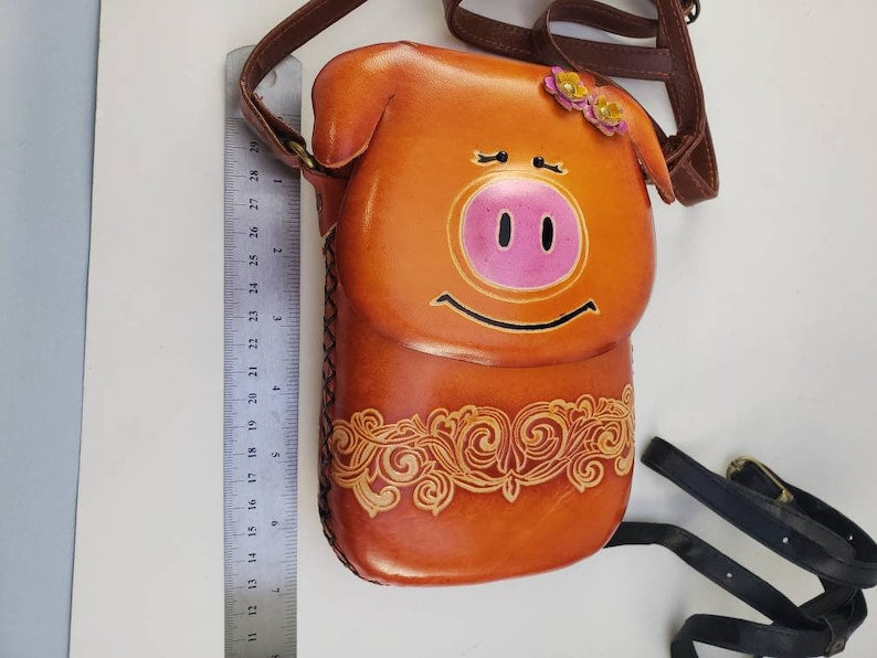 Handmade genuine piggy pig purse crossbody bag phone bag