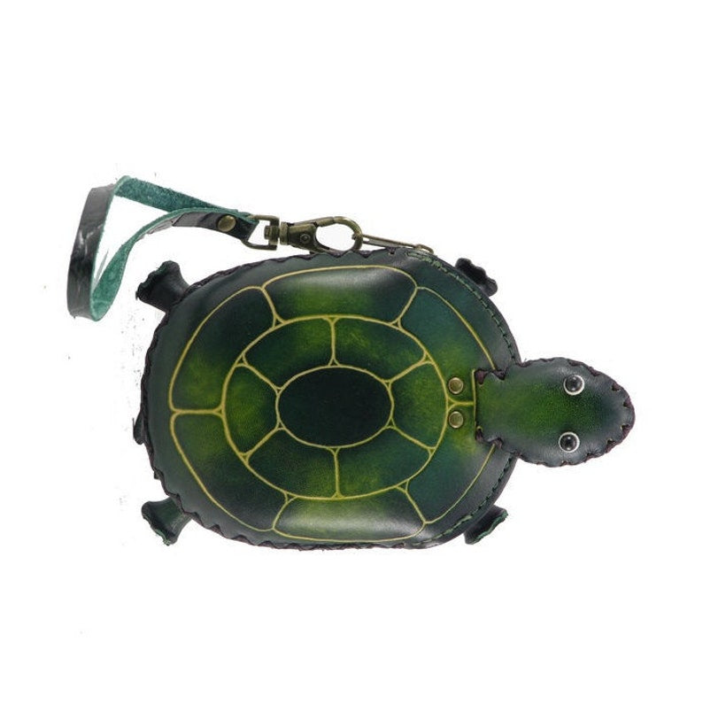 Genuine Handmade Leather Green Turtle Wristlet / Coin Purse/ animal coin bag, cartoon mini wallet