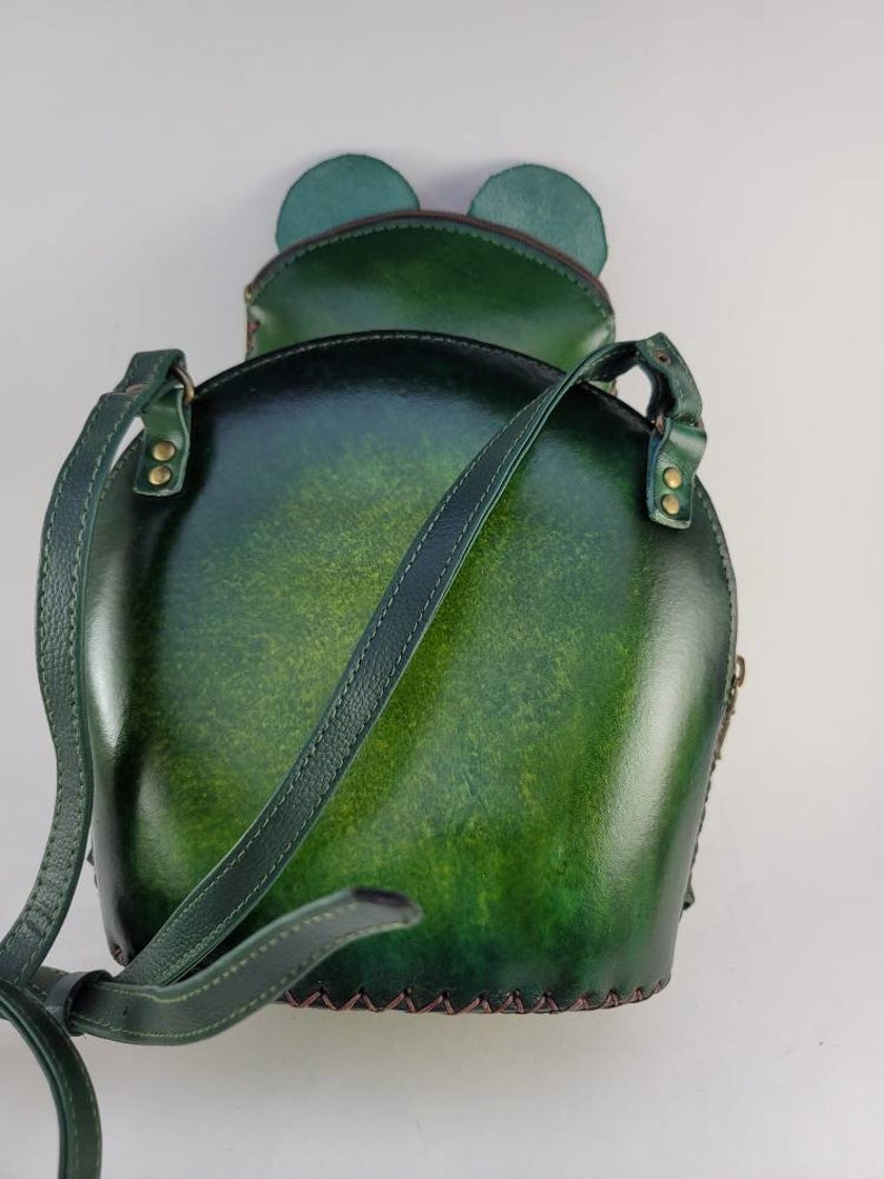 Genuine Leather Handmade Frog Backpack / Purse, Double-Shoulder Bag, Original Animal Bag, Cartoon Bag, Mini iPad Bag, Leather Carving Craft