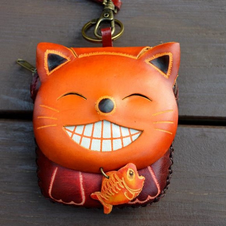 Genuine Handmade Leather Happy Cat Coin Purse / Wallet / Wristlet