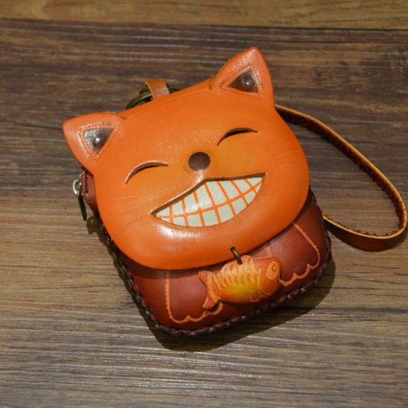 Genuine Handmade Leather Happy Cat Coin Purse / Wallet / Wristlet