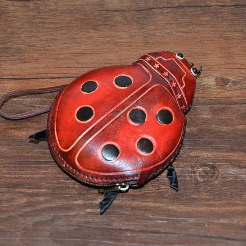 Genuine Handmade Leather Ladybug Coin Purse / Wristlet / Wallet