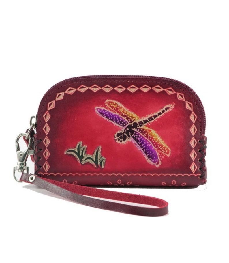Genuine Handmade Leather Dragonfly-patterned Wristlet Coin Purse Wallet Coin Pouch Card Holder Small Change Pouch Mini Bag (Multiple Colors)