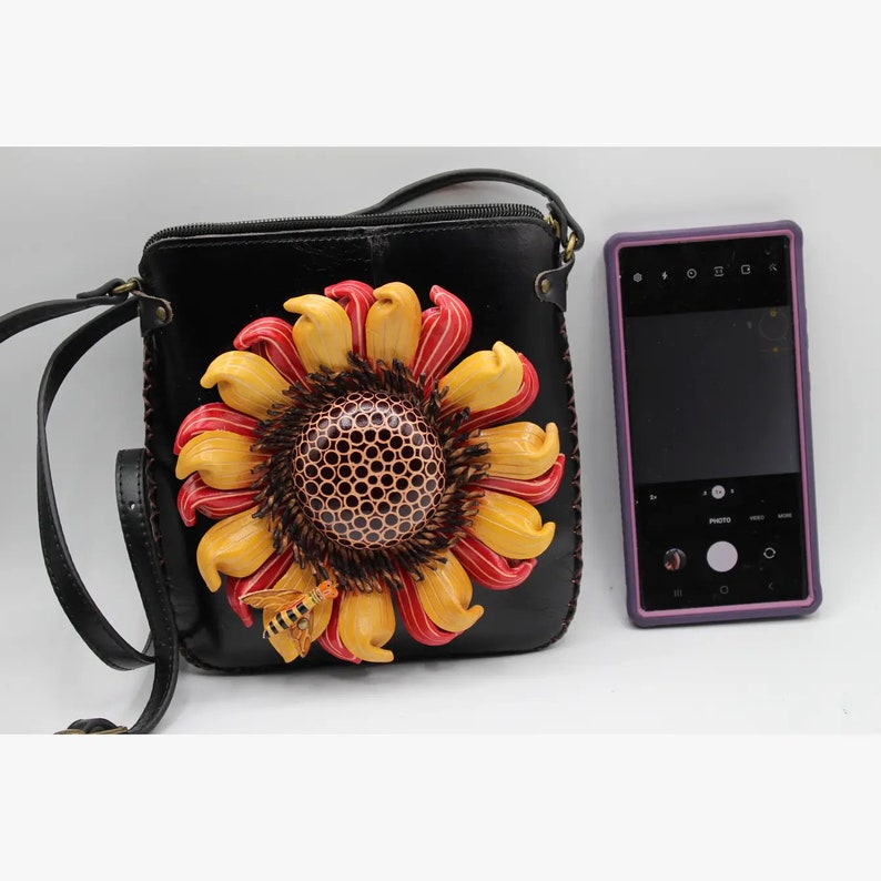 Genuine Handmade Leather 3D Sunflower Crossbody Purse/Pouch