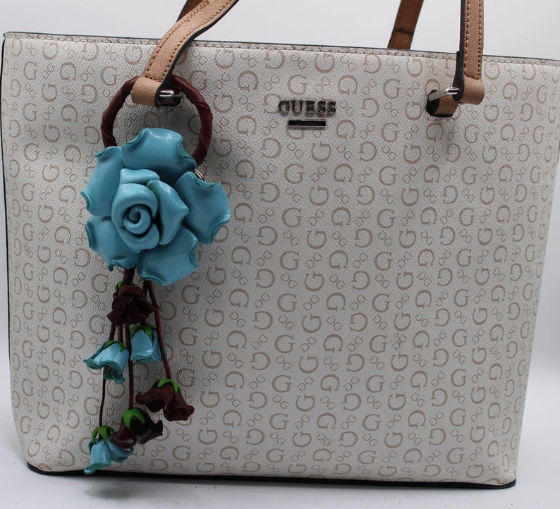 Genuine Handmade Leather Rose Flower Key Chain bag charm purse charm