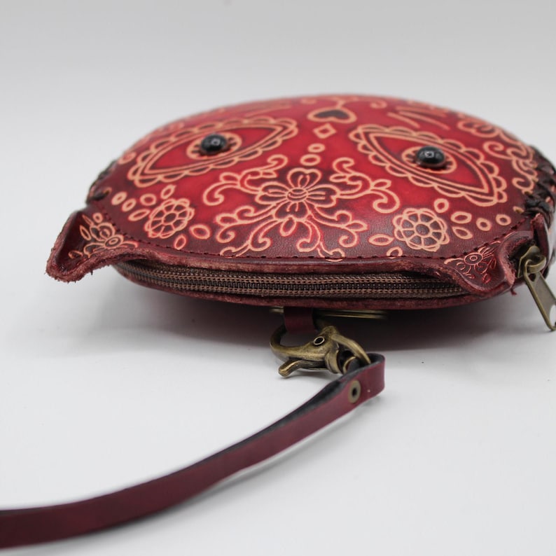 Genuine Handmade Leather Sugar Skull Cat Coin Purse , Coin Bag, Small Wallet, Cartoon Bag, Holiday Gift