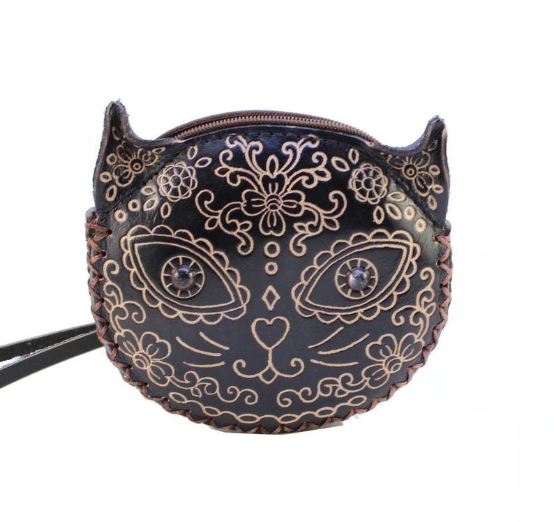 Genuine Handmade Leather Sugar Skull Cat Coin Purse , Coin Bag, Small Wallet, Cartoon Bag, Holiday Gift