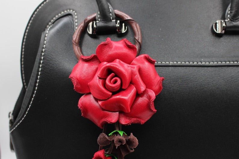 Genuine Leather Handmade Rose Flower Keychain, Handbag Charm, Red Purse Charm, Original Hand-Painted Craft Automobile Accessory