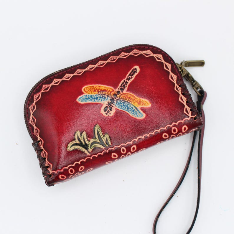 Genuine Handmade Leather Dragonfly-patterned Wristlet Coin Purse Wallet Coin Pouch Card Holder Small Change Pouch Mini Bag (Multiple Colors)
