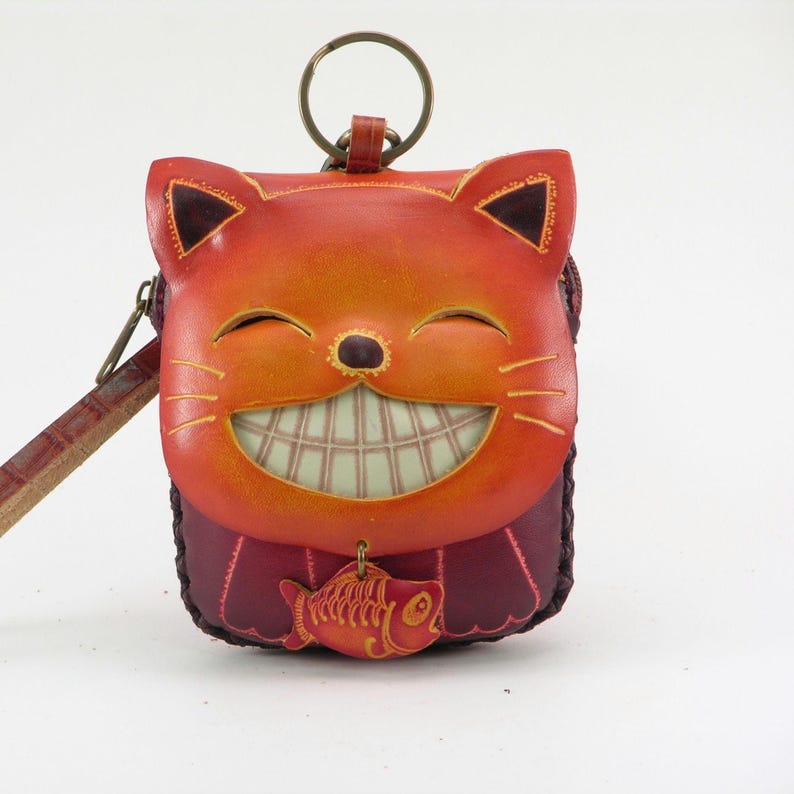Genuine Handmade Leather Happy Cat Coin Purse / Wallet / Wristlet