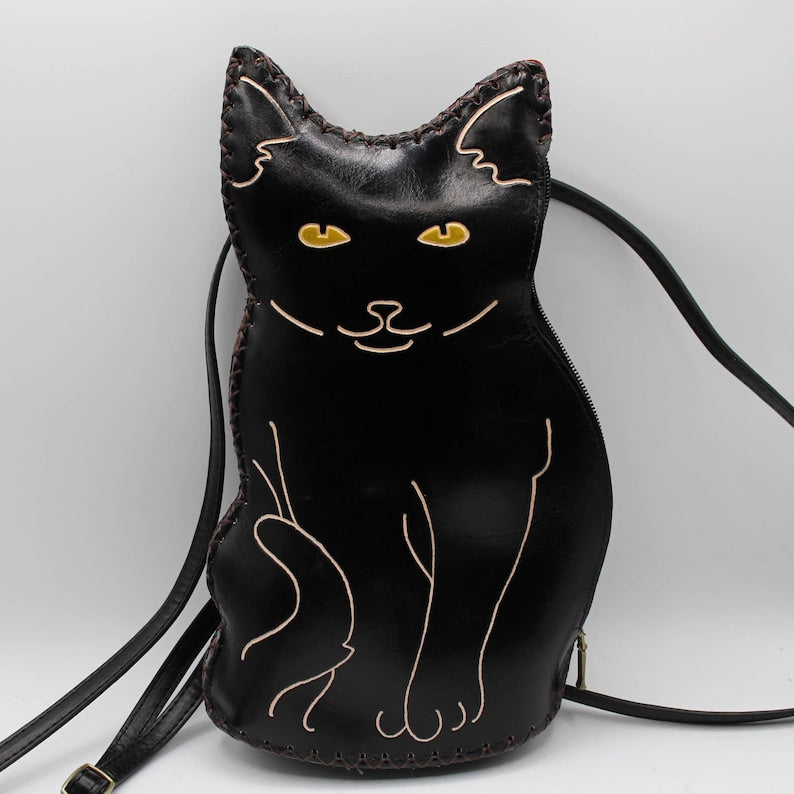Genuine Handmade Leather Black Cat Backpack / Cross-body Purse