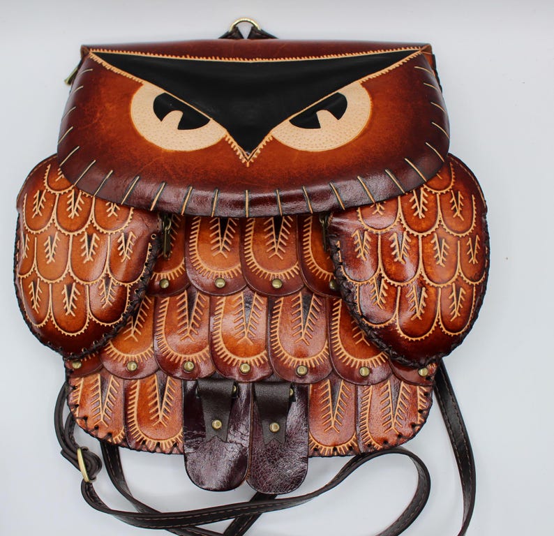 Genuine Handmade Leather Large Owl purse backpack crossbody multi use