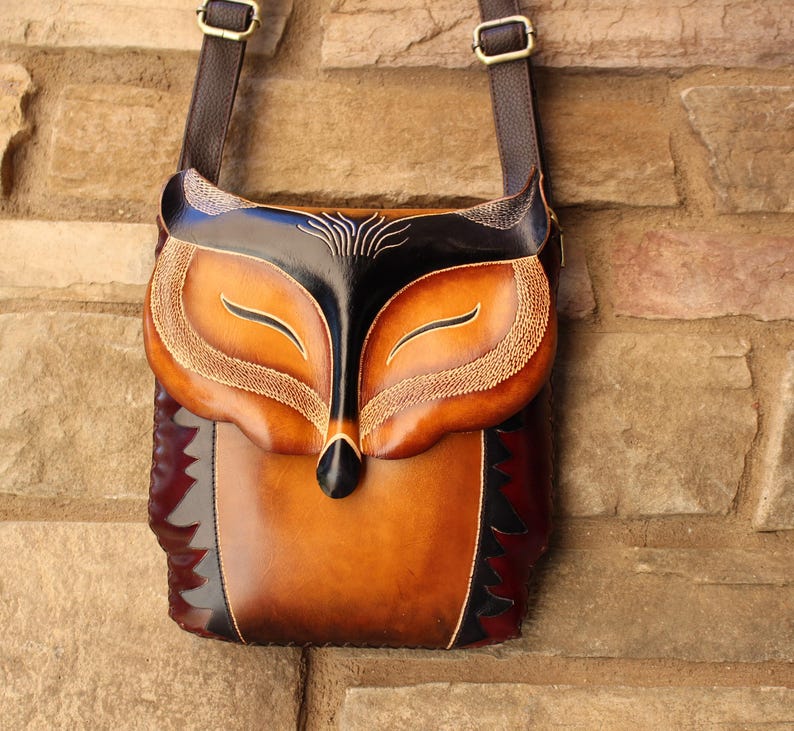 Genuine Handmade Leather Fox Pattern Crossbody Bag, Original Design Shoulder Bag, Cute Cartoon Bag, Animal-themed Bag, Phone Bag