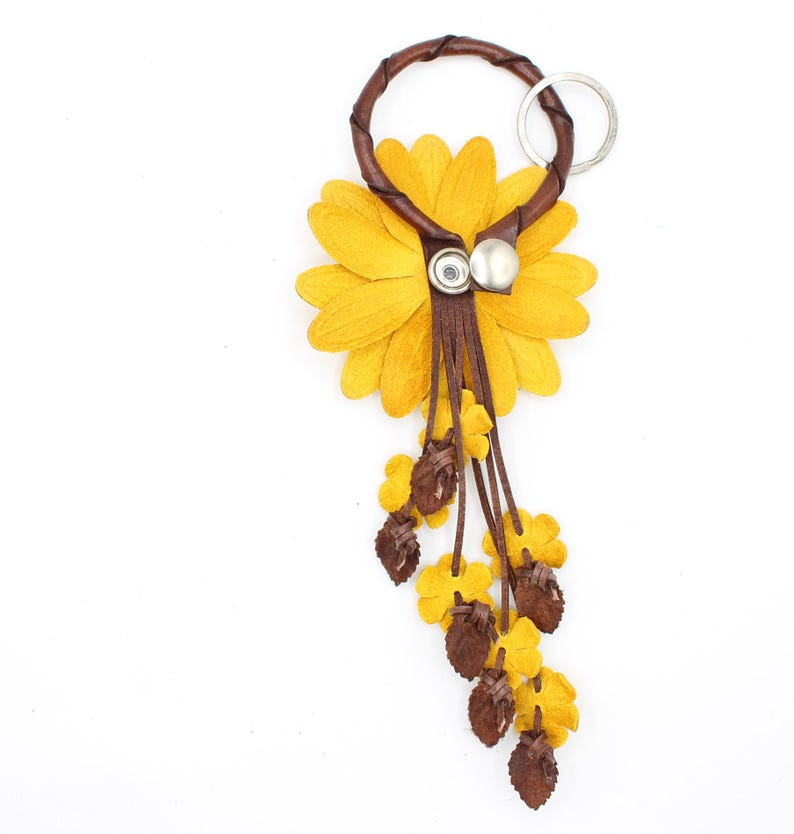 Genuine Handmade Leather Flower Keychain daisy yellow purse charm bag charm