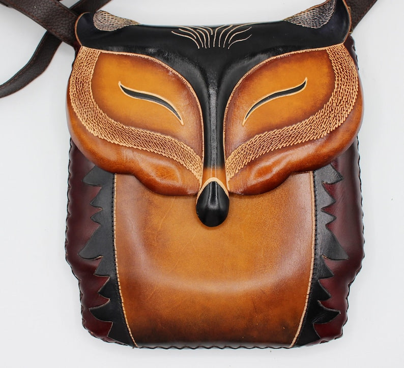Genuine Handmade Leather Fox Pattern Crossbody Bag, Original Design Shoulder Bag, Cute Cartoon Bag, Animal-themed Bag, Phone Bag