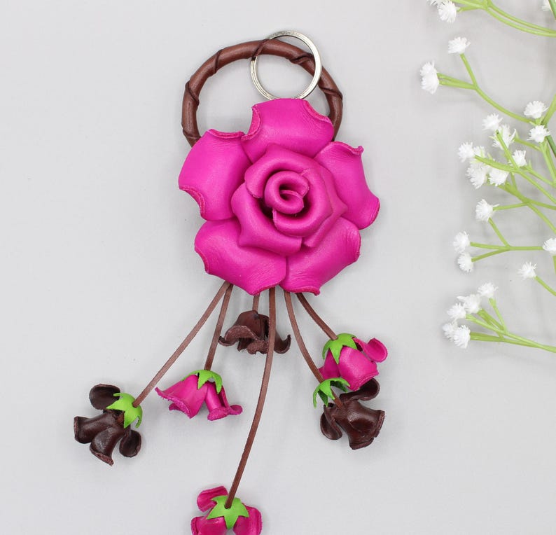 Genuine Handmade Leather Rose Flower Key Chain bag charm purse charm
