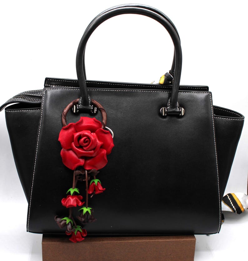 Genuine Leather Handmade Rose Flower Keychain, Handbag Charm, Red Purse Charm, Original Hand-Painted Craft Automobile Accessory