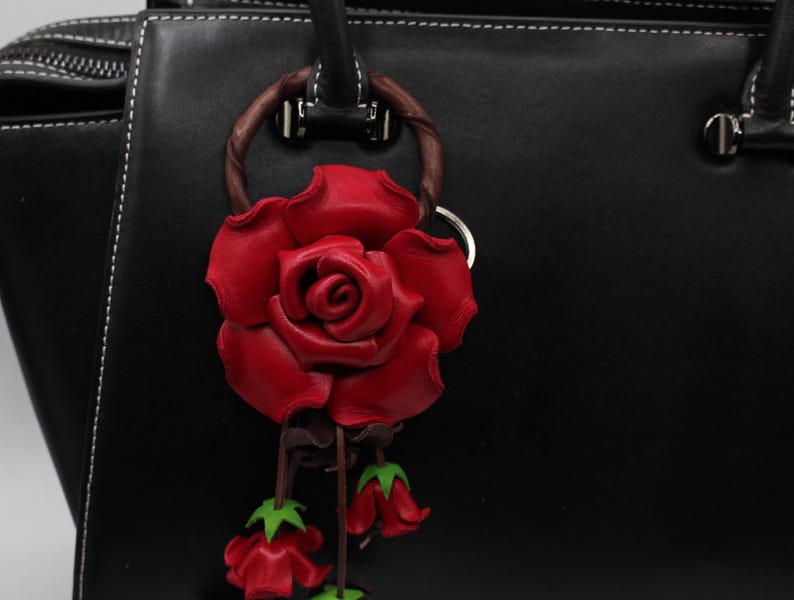 Genuine Leather Handmade Rose Flower Keychain, Handbag Charm, Red Purse Charm, Original Hand-Painted Craft Automobile Accessory