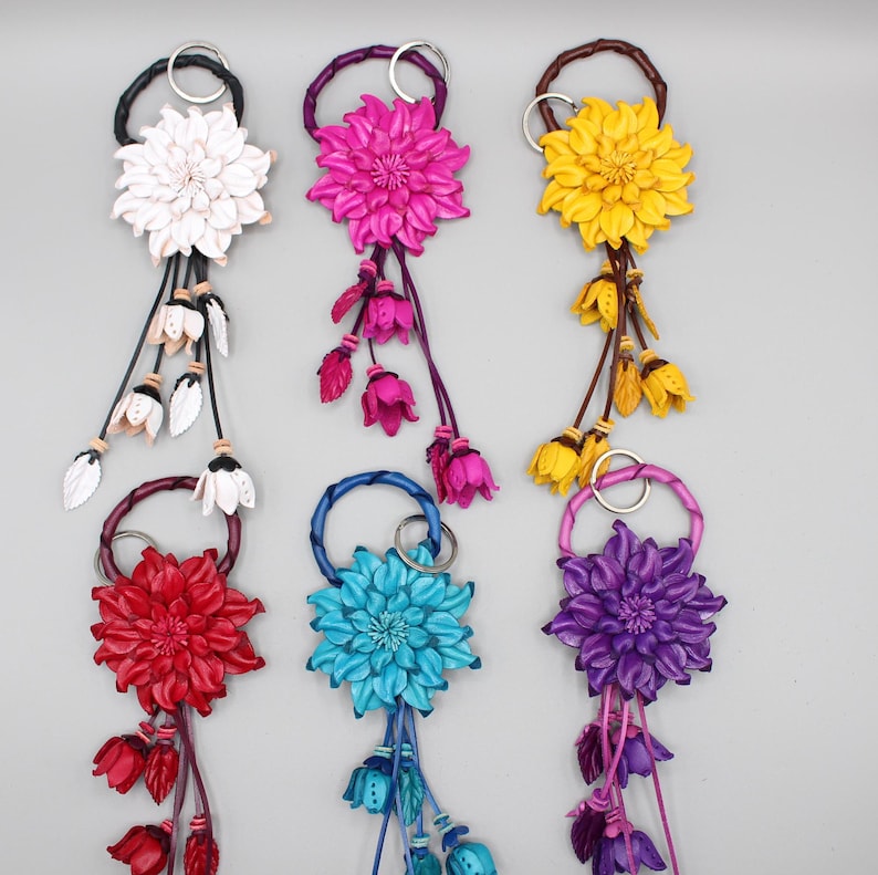 Genuine Handmade Leather Flower Keychain purse charm bag charm