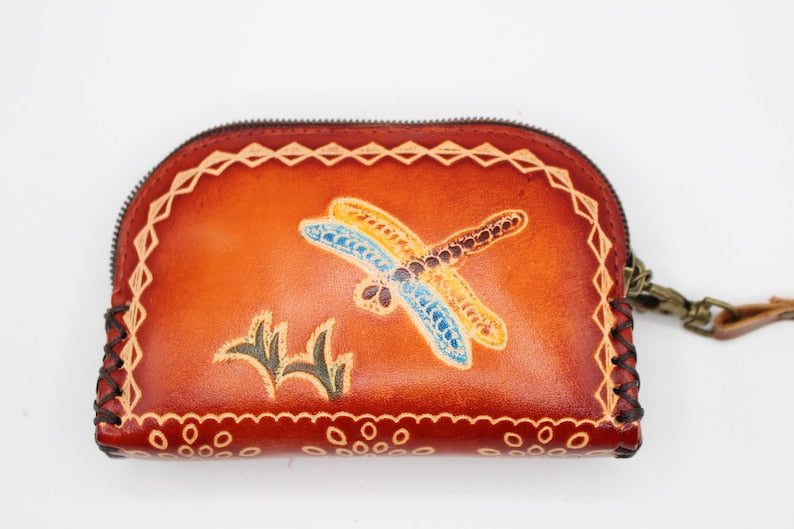 Genuine Handmade Leather Dragonfly-patterned Wristlet Coin Purse Wallet Coin Pouch Card Holder Small Change Pouch Mini Bag (Multiple Colors)