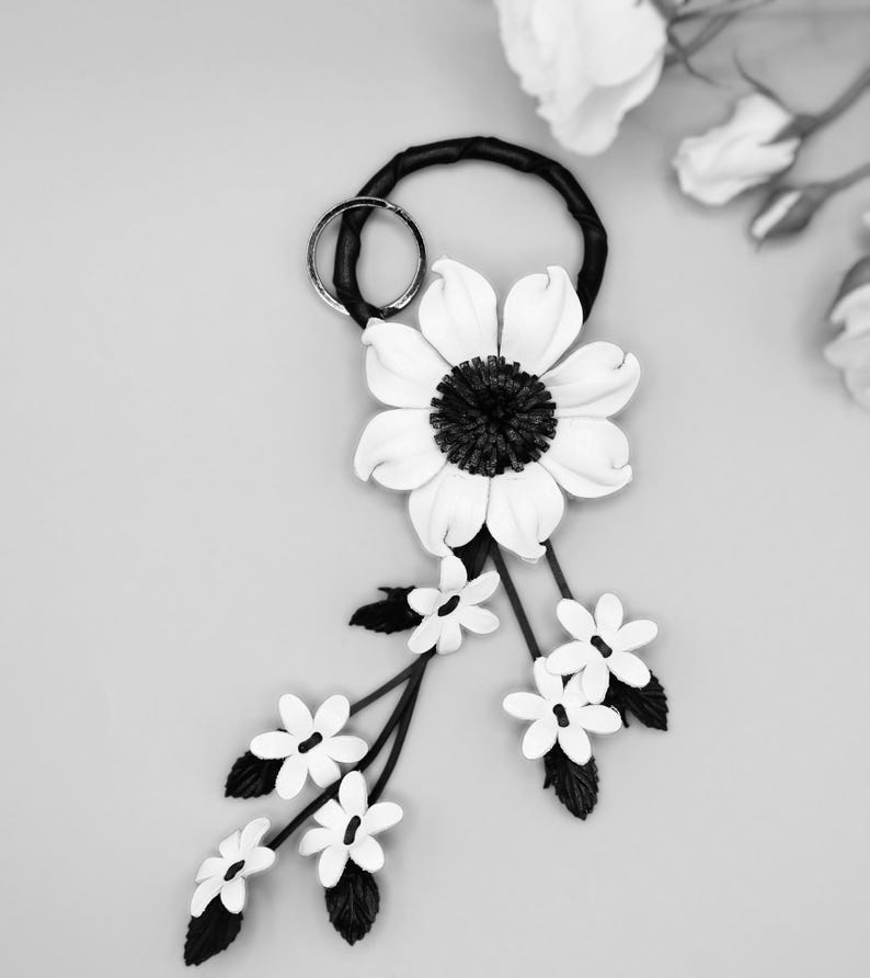 Genuine Handmade Leather Sunflower Keychain white flower purse charm bag charm