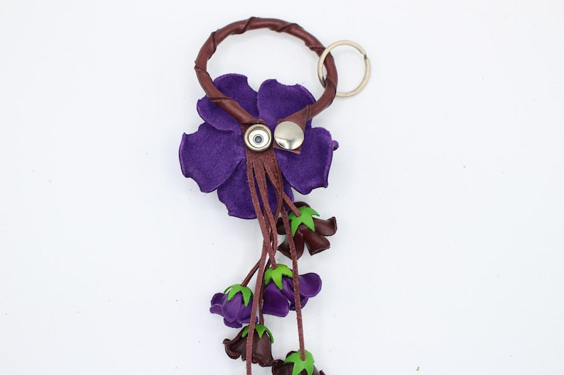 Genuine Leather Handmade Rose Flower Keychain, Handbag Charm, Red Purse Charm, Original Hand-Painted Craft Automobile Accessory