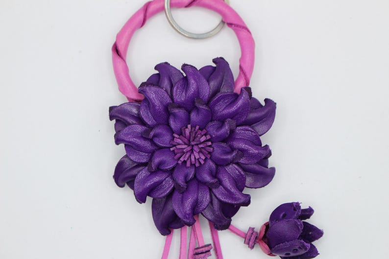 Genuine Handmade Leather Flower Keychain daisy purple purse charm bag charm