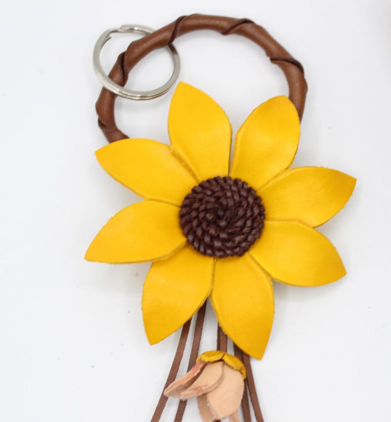 Genuine Handmade Leather Flower Keychain daisy yellow purse charm bag charm