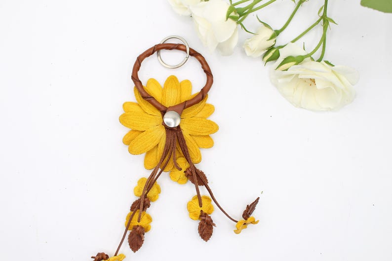 Genuine Handmade Leather Flower Keychain daisy yellow purse charm bag charm