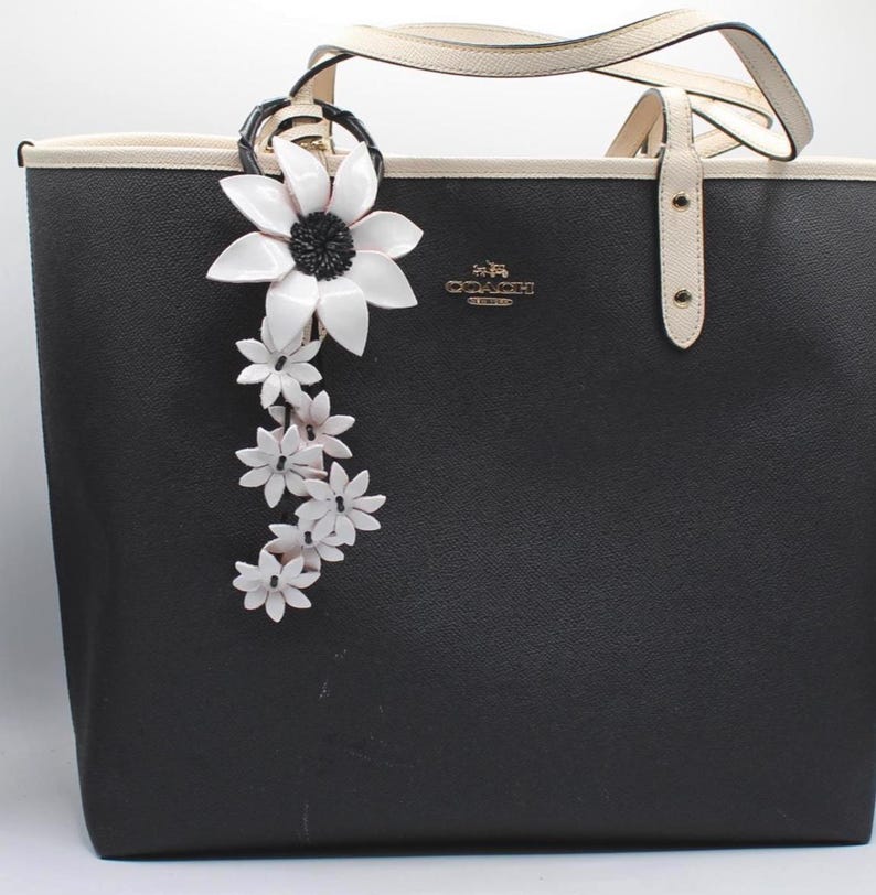 Genuine Handmade Leather Flower Keychain daisy purse charm bag charm white