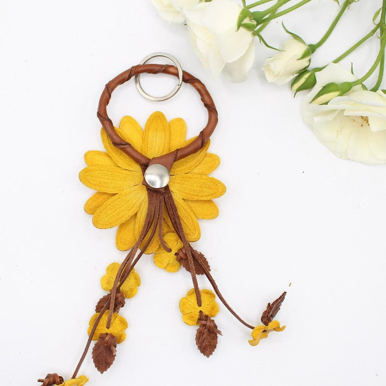 Genuine Handmade Leather Flower Keychain daisy purse charm bag charm white