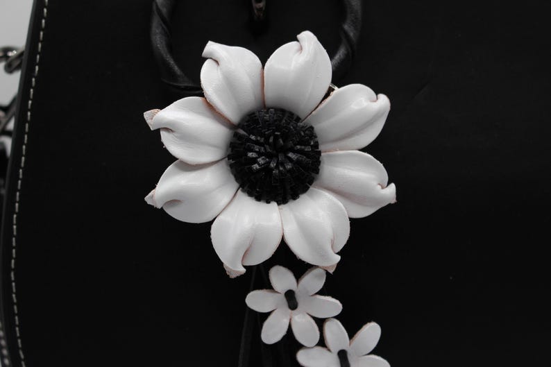 Genuine Handmade Leather Sunflower Keychain white flower purse charm bag charm