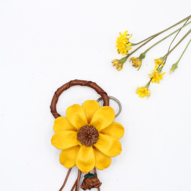 Genuine Handmade Leather flower Keychain purse charm
