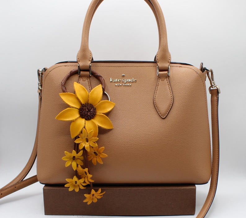 Genuine Handmade Leather Flower Keychain daisy yellow purse charm bag charm