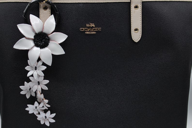 Genuine Handmade Leather Flower Keychain daisy purse charm bag charm white